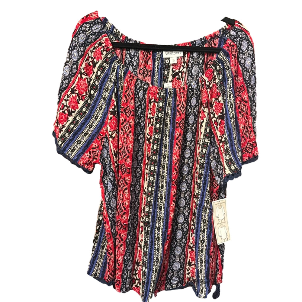 Willi Smith Red Multi-Striped Peasant Top
